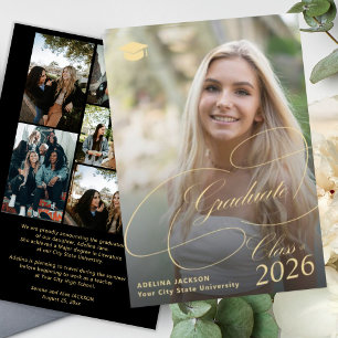 Multi photo gold black graduate script graduation announcement