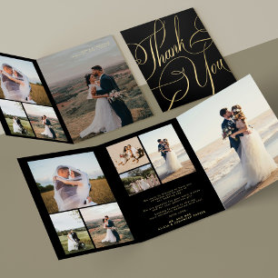 Multi photo gold black wedding thank you card