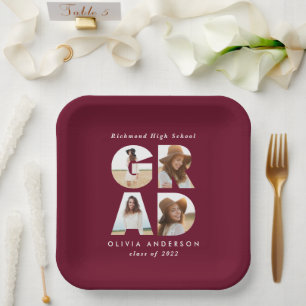 Multi photo grad modern burgundy party decor paper plate