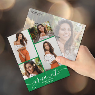 Multi Photo Green Graduation Party Invitation Postcard