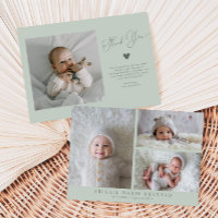 Multi Photo Minimalist Green Birth Announcement
