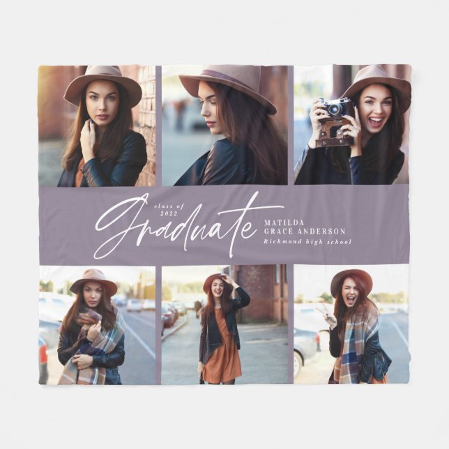 Multi photo modern black white script graduation f fleece blanket (Front (Horizontal))