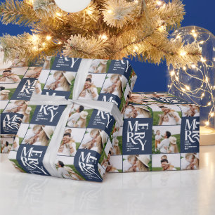multi photo modern colorful navy blue typography  wrapping paper