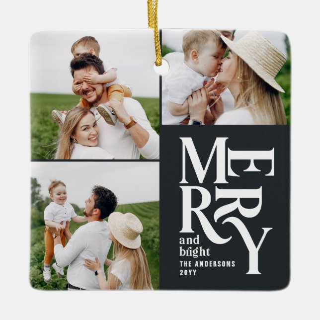 multi photo modern colourful black typography  ceramic ornament (Front)