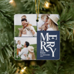 multi photo modern colourful navy typography  ceramic ornament<br><div class="desc">Colourful vintage graphic navy blue typography merry chritsmas multi photo holiday ornament design. Part of a bold fun holiday collection.</div>