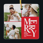 multi photo modern colourful red typography  ceramic ornament<br><div class="desc">Colourful vintage graphic typography merry chritsmas multi photo holiday ornament design. Part of a bold fun holiday collection.</div>