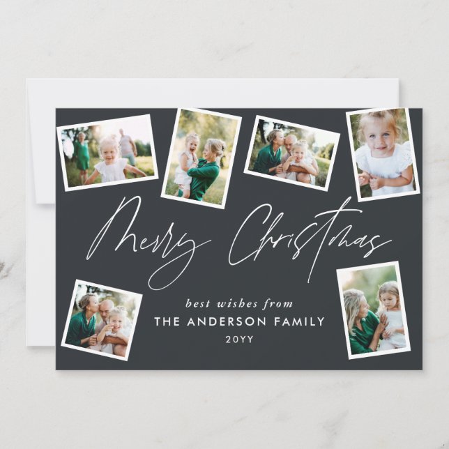 Multi photo modern elegant script black party holiday card (Front)