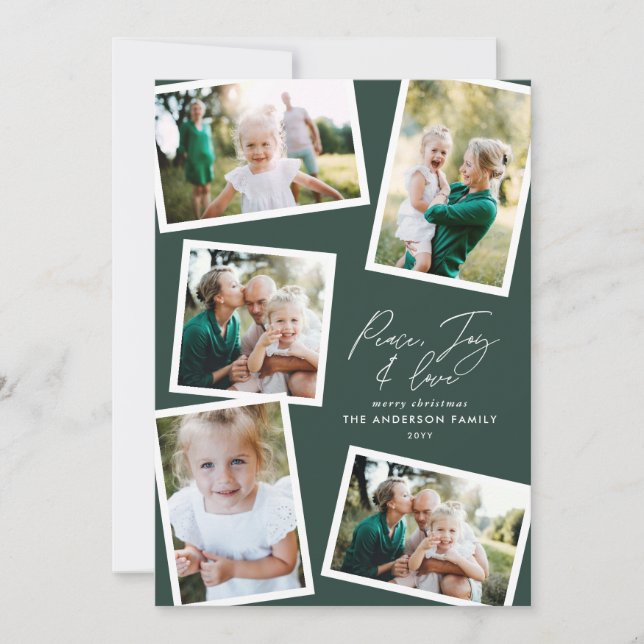Multi photo modern elegant script green party holiday card (Front)