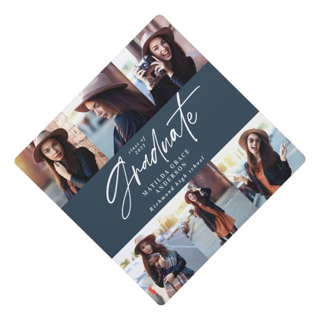 Multi photo modern elegant script navy blue  graduation cap topper (Front)