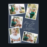 Multi photo modern elegant script navy blue party holiday postcard<br><div class="desc">Modern minimal stylish multi photo family home decor elegant script text peace,  joy and love Holiday Christmas card and party invitation. Modern on trend navy blue colour can be changed.</div>