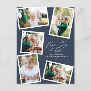 Multi photo modern elegant script navy blue party holiday postcard