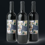 Multi photo modern elegant script navy blue wine label<br><div class="desc">Modern minimal stylish multi photo family home decor elegant script text peace,  joy and love Holiday Christmas favour gift wine label. Modern on trend navy blue colour can be changed.</div>