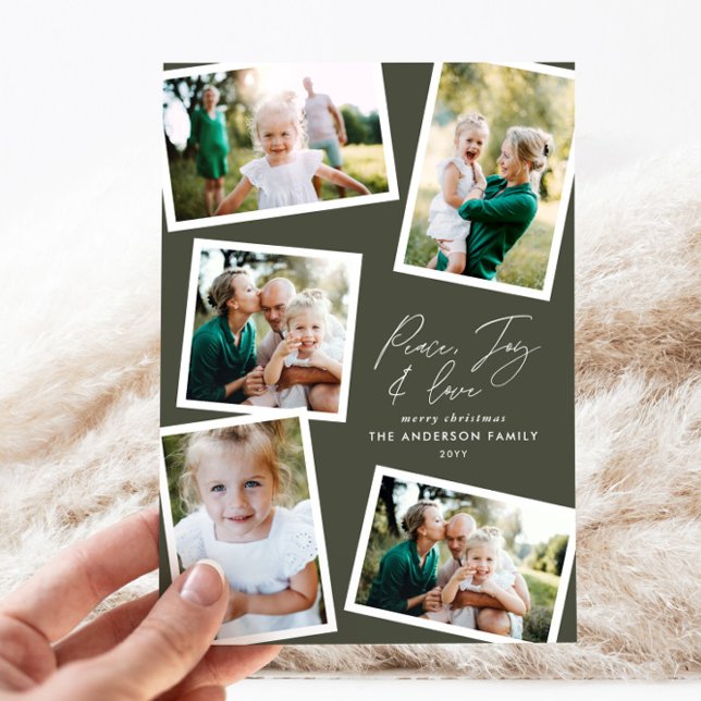 Multi photo modern elegant script olive green holiday card (Creator Uploaded)