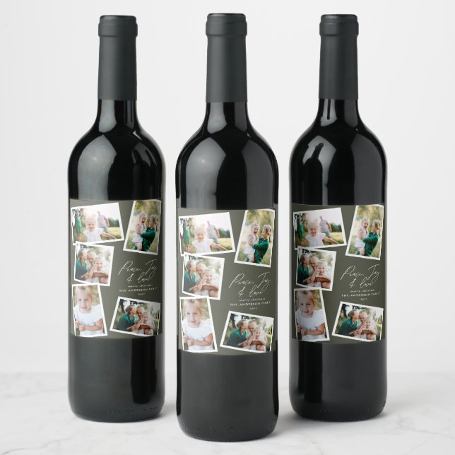 Multi photo modern elegant script olive green wine label (Bottles)