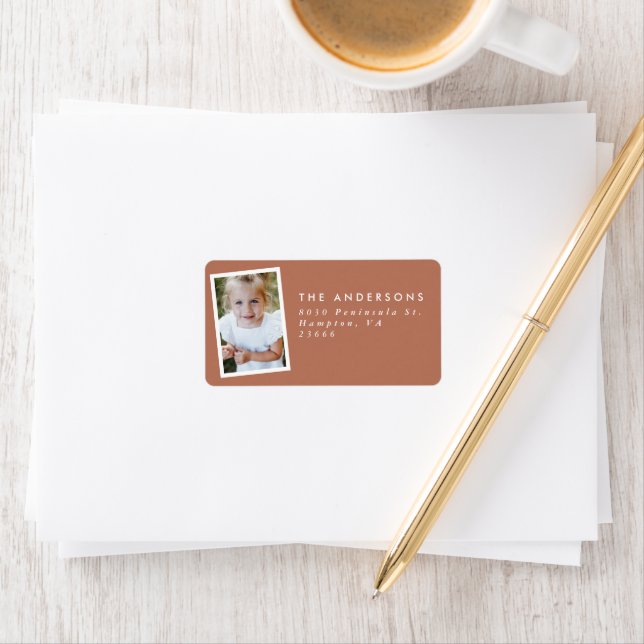Multi photo modern elegant script terracotta party label (Insitu)