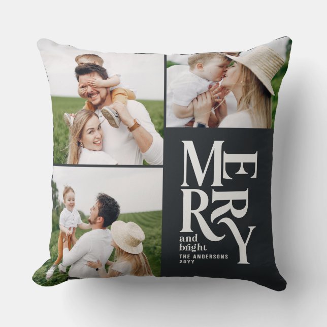 multi photo modern elegant typography unique black throw pillow (Front)