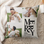 multi photo modern elegant typography unique throw pillow<br><div class="desc">Modern minimal vintage graphic unique black and cream typography merry chritsmas multi photo holiday ornament design. Part of a bold fun holiday collection.</div>