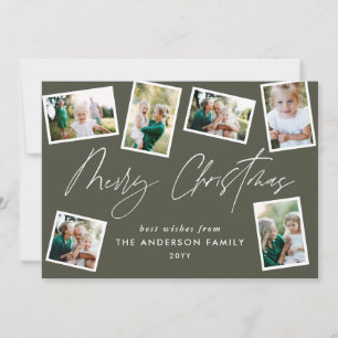 Multi photo modern merry christmas script green holiday card