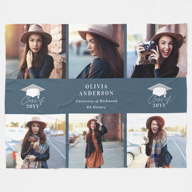 Multi photo modern navy blue script graduation fleece blanket (Front (Horizontal))