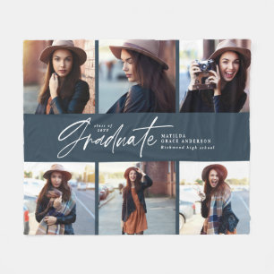 Multi photo modern navy blue script graduation fleece blanket