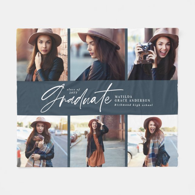 Multi photo modern navy blue script graduation fleece blanket (Front (Horizontal))