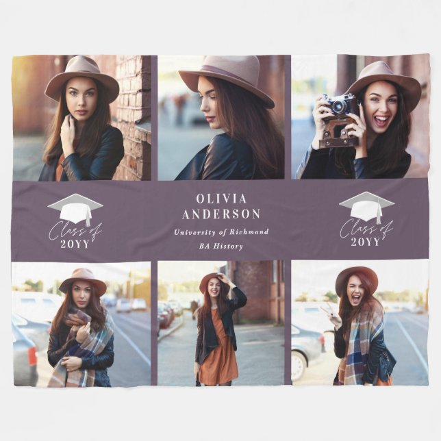Multi photo modern purple script graduation fleece blanket (Front (Horizontal))
