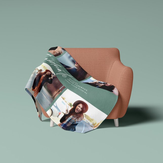 Multi photo modern sage green script graduation fleece blanket (Creator Uploaded)