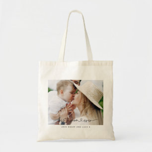 Multi photo modern script typography best mom tote bag