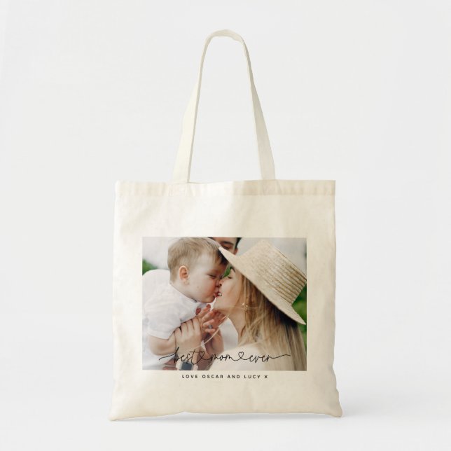 Multi photo modern script typography best mom tote bag (Front)