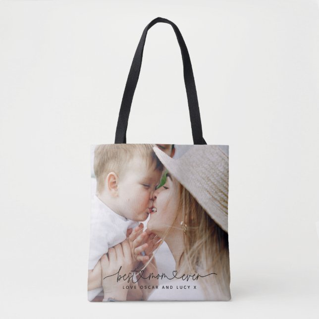 Multi photo modern script typography best mom  tote bag (Front)