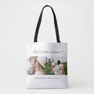 Multi photo modern script typography best mom  tote bag