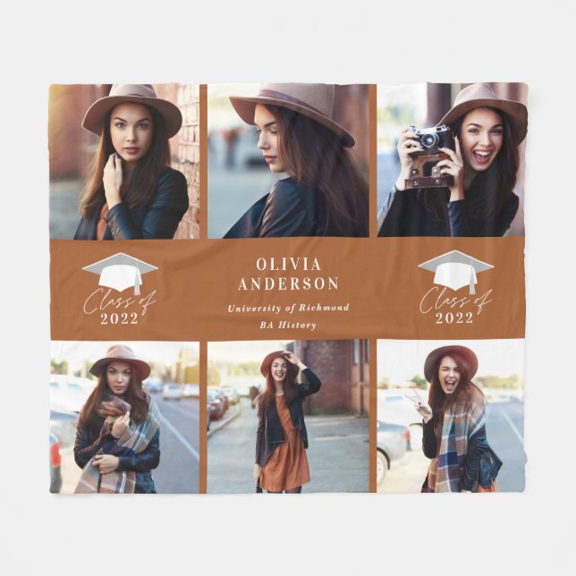Multi photo modern terracotta script graduation fleece blanket (Front (Horizontal))