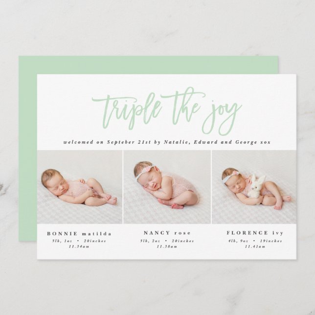 Multi photo modern triplet birth announcement (Front/Back)