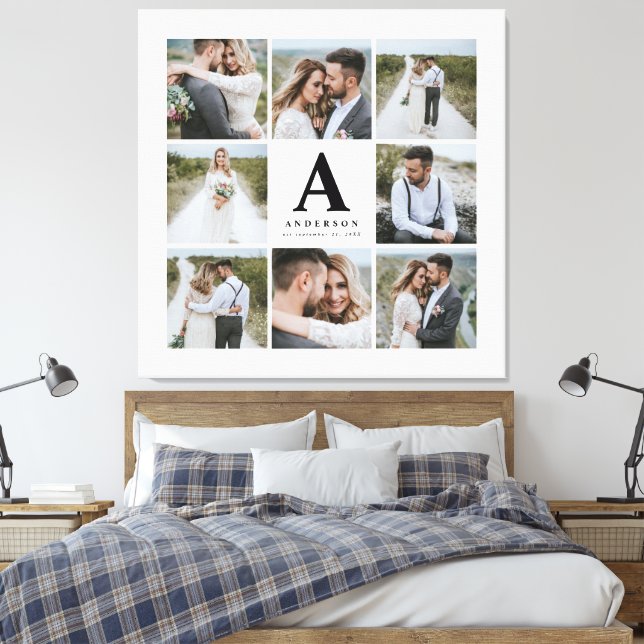 Multi photo monogram wedding family gift canvas print (Insitu(Bedroom))