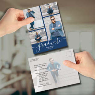 Multi Photo Navy Blue Graduation Invitation Postcard