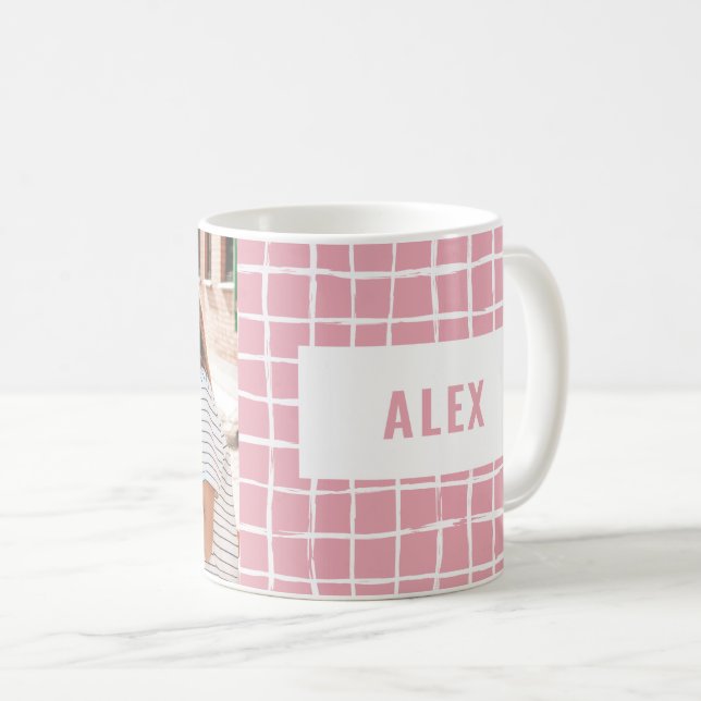 Multi photo pink check fun typography best friends coffee mug (Front Right)