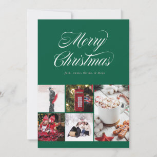 Multi photo Pretty Cursive Green Holiday Card