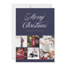 Multi photo Pretty Cursive Navy Holiday Card