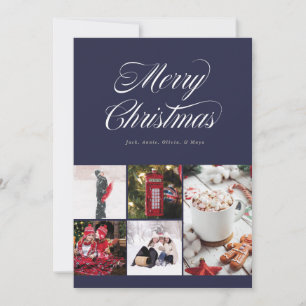 Multi photo Pretty Cursive Navy Holiday Card