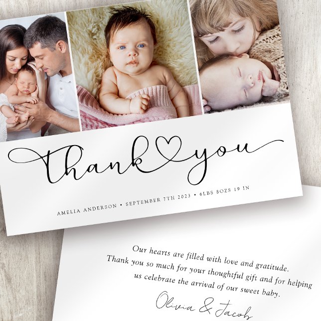 Multi Photo Script with Heart New Baby Photo Thank You Card (Creator Uploaded)
