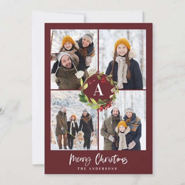 Multi photo watercolor floral + foliage christmas holiday card (Front)