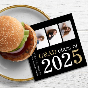 Multi photo White Gold Text Black 2022 Graduation Napkin