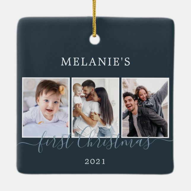 Multi photos first Christmas Baby Ceramic Ornament (Back)