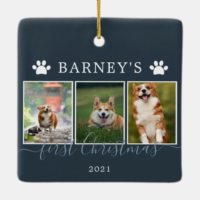 Multi photos first Christmas Dog Ceramic Ornament (Back)