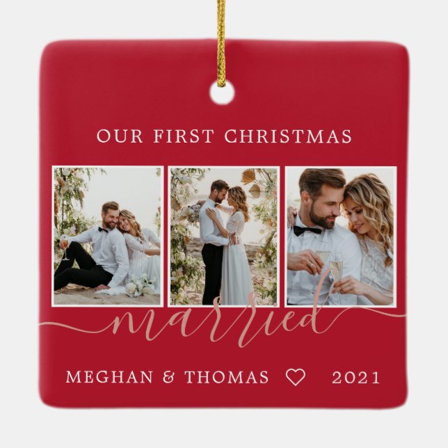 Multi photos first Christmas Married Ceramic Ornam Ornament (Back)