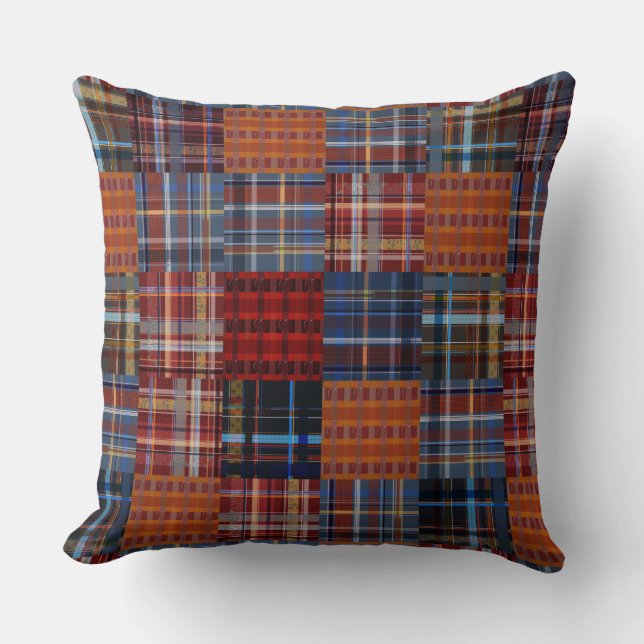 Multi Plaid Tile Mod Style Throw Pillow (Front)