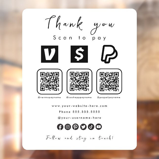 Multi QR Code Paypal Venmo Cash App Modern White Window Cling (Sheet 2)