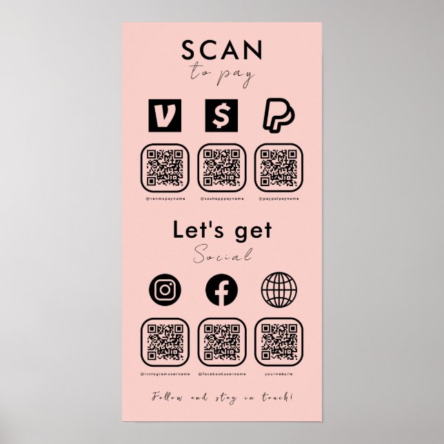 Multi QR Code Scan To Pay Social Media Blush Pink Poster (Front)