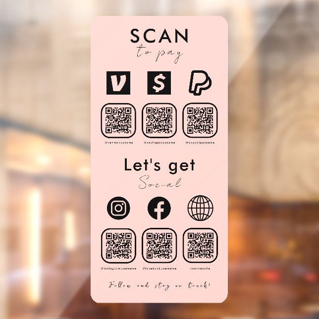 Multi QR Code Scan To Pay Social Media Blush Pink Window Cling (Sheet 2)