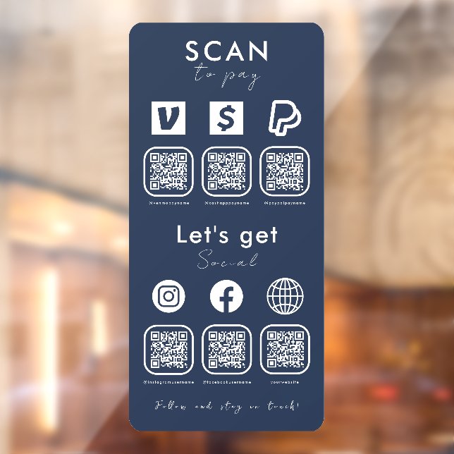 Multi QR Code Scan To Pay Social Media Navy Blue Window Cling (Sheet 2)